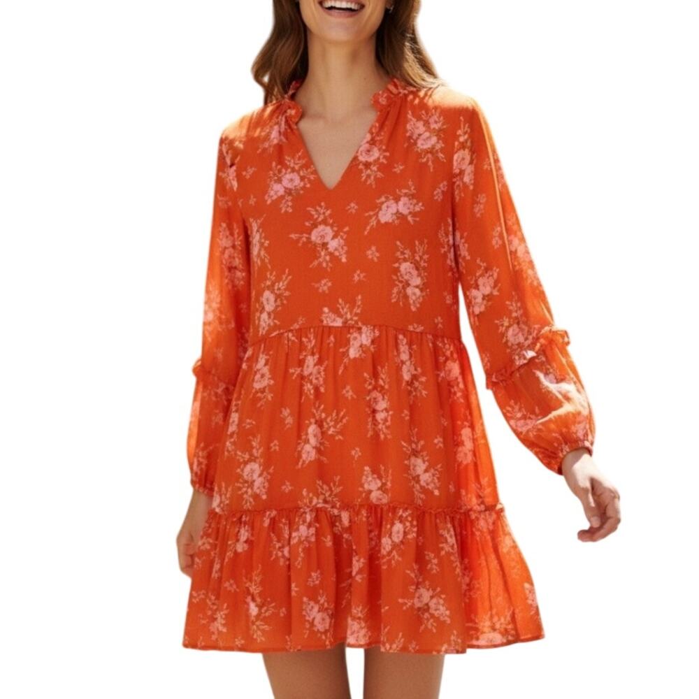 Vince Camuto Orange Floral Ruffle Mini Dress Small Romantic Boho Cottagecore